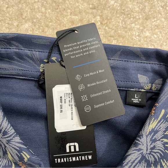 NEW Travis Mathew Polo Shirt Mens Large Blue Golf Calmer Waters Floral Hawaiian - Picture 5 of 10